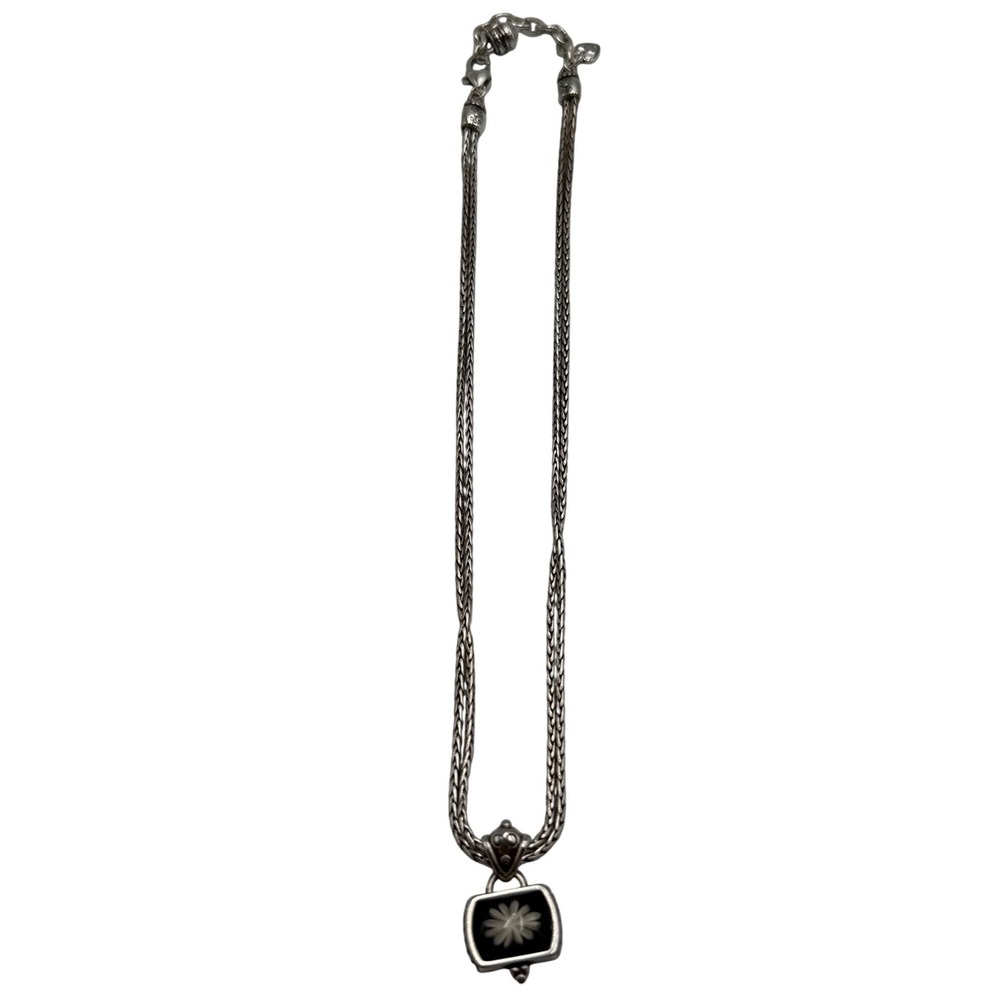 Brighton Water Lily Black White Flower‎ Double Chain Necklace Reversible Silver